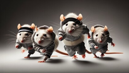 Rats in athletic outfits racing: Creative depiction of 'rat race' concept. Competitive environment, urban life hustle, ambition and rivalry in playful, modern visual.