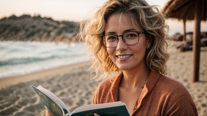 Close-up high-resolution image of a gorgeous woman reading a book on a beach. Smart and independent woman. Generative AI.