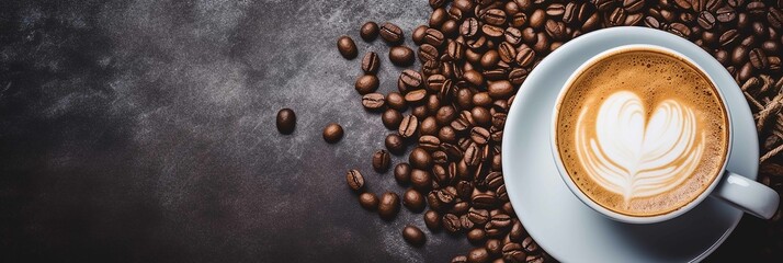 Banner with copy space area, steaming cup of cappuccino standing on a table, close-up shot, Coffee beans. The logo made from the coffee on the cup is visible from a slightly angled top-down view. - obrazy, fototapety, plakaty