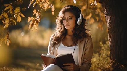 Tuinposter A beautiful woman is reading a book and listening to music under a tree, AI generative © Resi