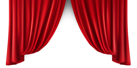 Red realistic luxury curtain cornice decor domestic fabric interior drapery textile lambrequin, velvet illustration isolated on transparent background. Generative AI - obrazy, fototapety, plakaty