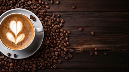 Banner with copy space area, steaming cup of cappuccino standing on a table, close-up shot, Coffee beans. The logo made from the coffee on the cup is visible from a slightly angled top-down view.