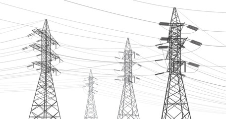 High voltage transmission systems. Electric pole. Power lines. A network of interconnected electrical. Energy pylons. City electricity infrastructure. Gray otlines on white background. Vector design - 670652206