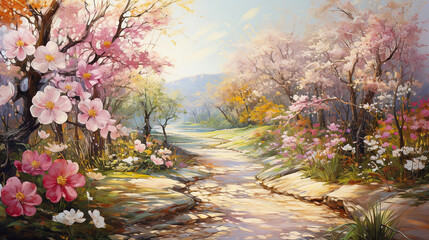 Enchanting Pastel Garden with trees and flowers around path