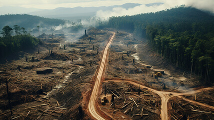 Aerial View of Forest destruction with Fire and Tree Cutting