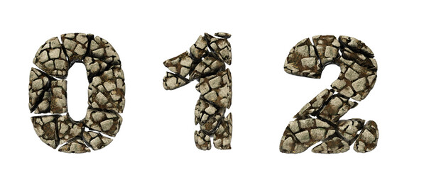 Alphabet made of stone. Numbers 0, 1, 2, with rustic stone texture in 3D render. Easily removable white background.