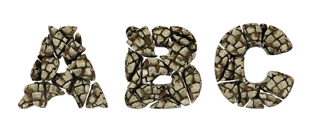 Alphabet made of stone. Letters A, B, C with rustic stone texture in 3D render. Easily removable white background.