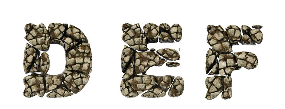 Alphabet made of stone. Letters d, e, f, with rustic stone texture in 3D render. Easily removable white background.