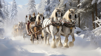 White Horses Gracefully Pulling a Carriage Across a Snowy Landscape