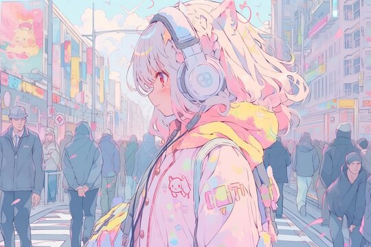 A girl walking on the streets of Harajuku, listening to music with stylish headphones 80s anime rainbow retro fashion