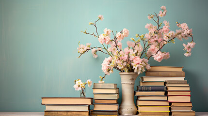 Neatly Ordered Hardcover Books on Shelves with cherry blosson in vase