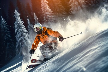 skier jumping in the snow mountains on the slope with his ski and professional equipment on a sunny day. - obrazy, fototapety, plakaty
