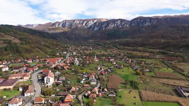 Aerial view of village Salciua in Apuseni Mountains in Transylvania, Romania