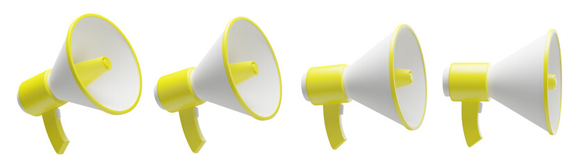 set of 3d megaphones with transparent background, PNG, 3d render speaker, yellow bullhorn