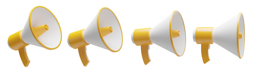 set of 3d megaphones with transparent background, PNG, 3d render speaker, orange bullhorn
