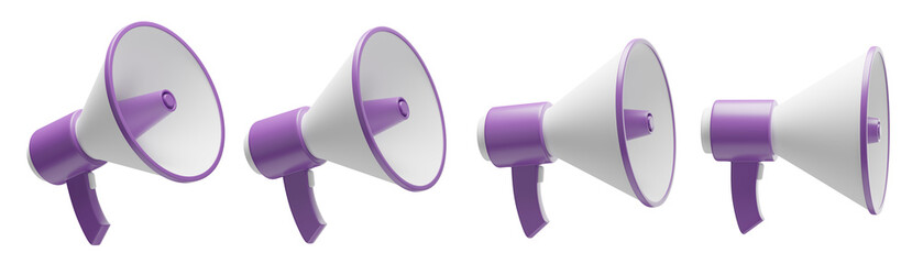 set of 3d megaphones with transparent background, PNG, 3d render speaker, purple bullhorn