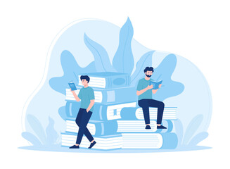 Students sit on books and read concept flat illustration