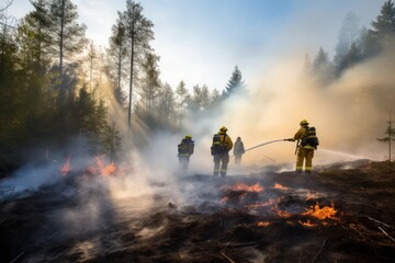 Firefighters use water to combat wildfire in forest working diligently. Crews of firefighters use water and foam to tackle forest wildfire striving to control fire using variety of methods - obrazy, fototapety, plakaty
