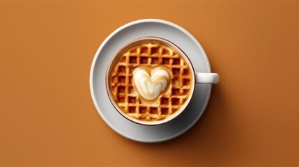 Cup of cappuccino with heart shape on waffle. Latte Art Concept With Copy Space