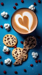 Fototapeta na wymiar Cup of cappuccino with heart shape from chocolate and cookies on blue background. Latte Art Concept With Copy Space