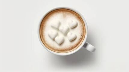 Fototapeta na wymiar Cup of cappuccino with heart shaped marshmallows on white background. Latte Art Concept With Copy Space