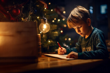 A little boy writes a letter with wishes to Santa Claus surrounded by Christmas decor. Concept of Christmas and New Year holidays..