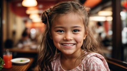 Close-up high-resolution image of a happy girl smiling at camera in a fancy restaurant. Generative AI.