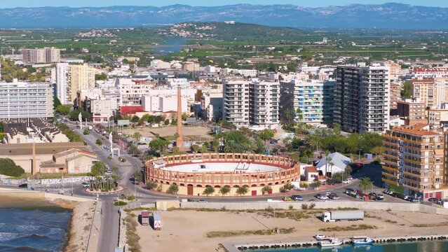 Aerial drone view of the bullring in the coastal town of Vinaròs in Spain