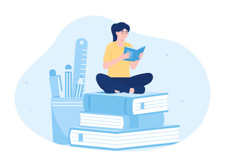 Female student sitting and reading a book concept flat illustration