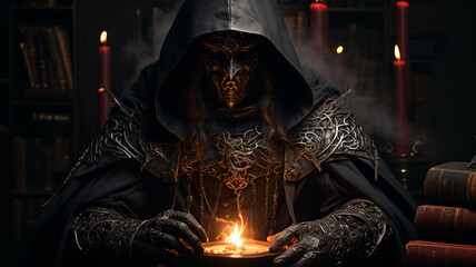 Dark hooded figure, fantasy character. Sinister wizard or warlock conjuring dark spells with a tome.