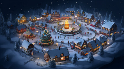 Realistic cozy small Christmas town by night isometric or birds eye view 