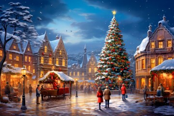 Fototapeta na wymiar traditional christmas village in the snow. with huge decorated christmas tree Winter village landscape. Celebrate the Christmas and New Year holidays Christmas card. Christmas concept