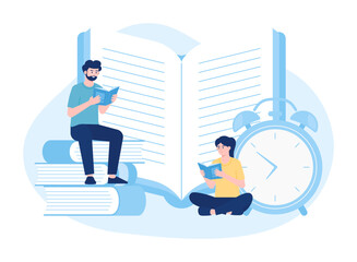 Students study textbooks concept flat illustration