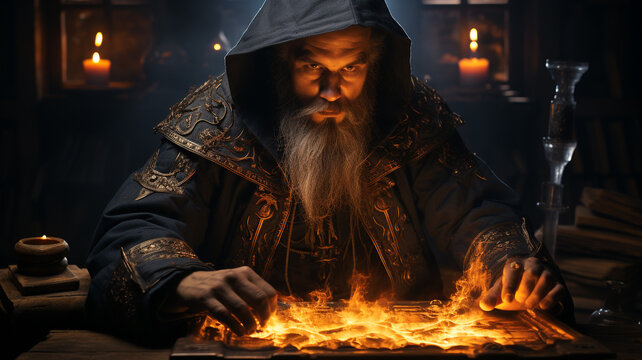 Dark hooded figure, fantasy character. Sinister wizard or warlock conjuring dark spells with a tome.