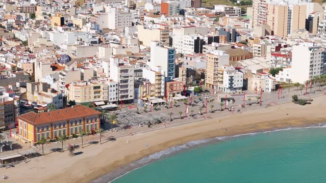Aerial drone view of the boulevard and coast in Vinaros in Spain