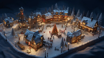 Fototapeta na wymiar Realistic cozy small Christmas town by night isometric or birds eye view 