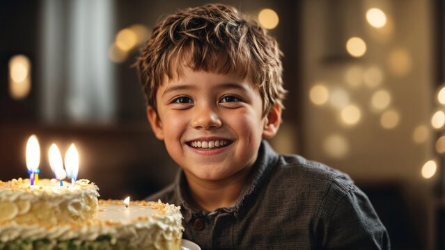 Close-up high-resolution image of a happy young boy celebrating his birthday. Generative AI.