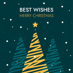 Merry Christmas, Best wishes, New Year greeting card. Geometric Christmas tree and snow vector illustrations for background, party invitation, website banner, social media banner, marketing material