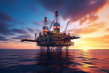 Oil platform on the ocean. Offshore drilling for gas and petroleum. Oil platform oil rig or offshore platform. Sunset silhouette. Offshore Jack up rig in the middle of the sea. - obrazy, fototapety, plakaty