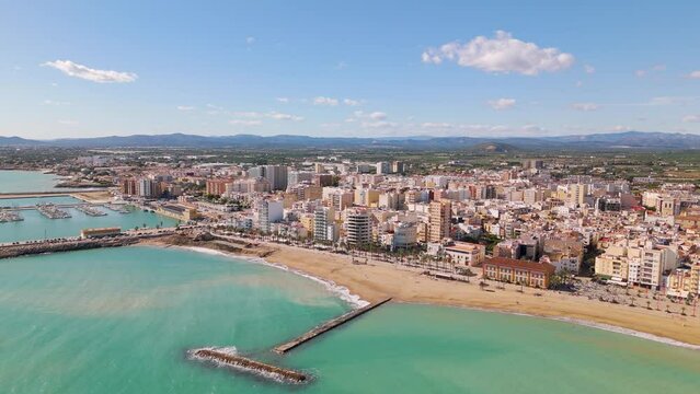 Aerial drone view of the boulevard and coast in Vinaros in Spain