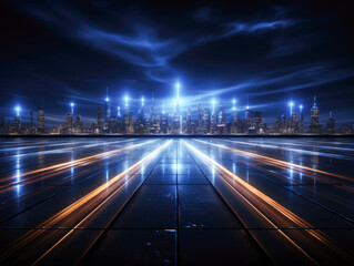 Dark background with neon lights, lines, and spotlights, night view.