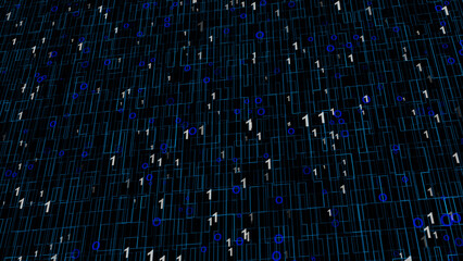 Binary Code Animation Background. Binary code black and blue background with digits moving on screen, Algorithm binary, data code, decryption and encoding, row matrix background.