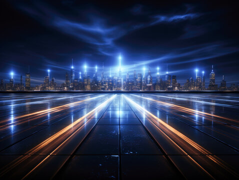 Dark background with neon lights, lines, and spotlights, night view.