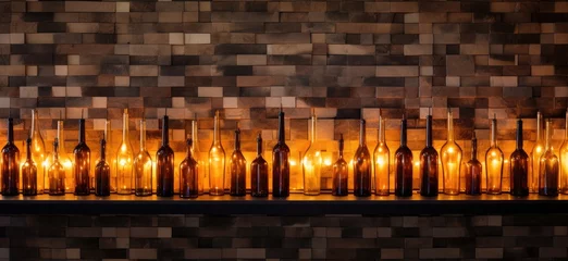 Fotobehang rows of wine bottles on a wall behind a fireplace Generative AI © SKIMP Art