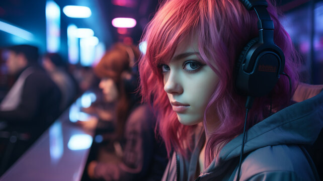 Young gamer-girl out in the night.
