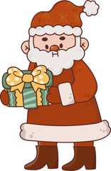 Collection of Christmas cartoons isolated on a white background. Little Santa with gifts and holiday decorations; cute card. Super cute cartoon character, illustration, hand drawn, vector