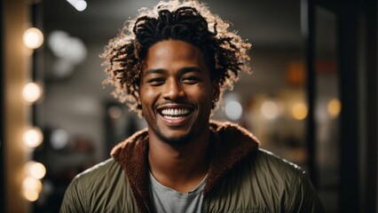 Close-up high-resolution image of a man smiling at make-up room. Generative AI.