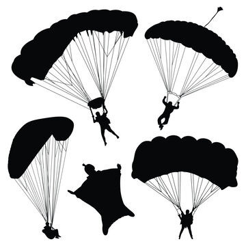 Skydiving or Paragliding Silhouettes Vector illustration