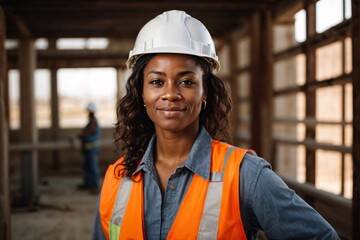 A portrait of a proud, strong, and skilled female African American construction worker wearing a hard hat. Generative Ai.