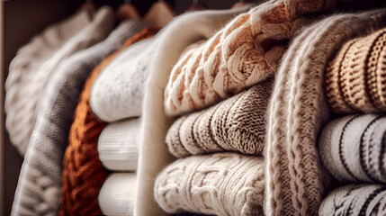"Winter woolen sweaters, knitted for warmth, are neatly folded inside the closet